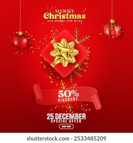 Xmas discount card design with red color. Realistic Christmas new year celebration poster design vector. Red color Christmas product sell poster design with gift box hanging ball and ribbon. 