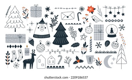 Xmas doodle ornamental winter elements. Foliage and garlands, christmas branches and foliage. Decorative racy gifts and fir tree vector collection