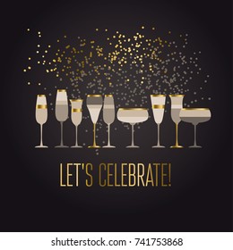 xmas drinks poster. Luxury black and gold sparkling champagne xmas pattern. Elegant simple decor for surface design, poster, header, card, invitation. New Year party poster.