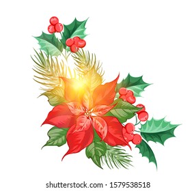 Xmas element design. Merry christmas simbol with poinsettia flower elements.  Vector illustration.