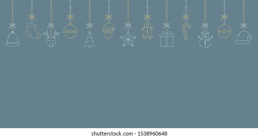 Xmas elements hanging on blue background with copyspace. Christmas decoration. Vector