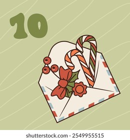 Xmas envelope with bow, candy canes and bow. Christmas advent calendar design, day 10. Vector groovy style illustration isolated on green background.