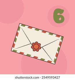 Xmas envelope isolated on pink background. Christmas advent calendar design, day 6. Vector groovy style illustration