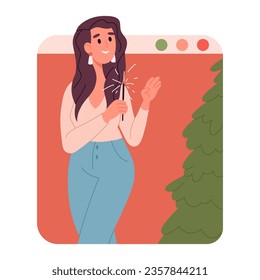 Xmas event online celebration. Young woman on smartphone screen, Christmas video congratulations on gadget screen flat vector illustration