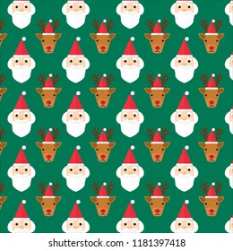 X'mas faces pattern gift wrap paper. Santa , reindeer with red hats. Green rectangle background. Flat style. 