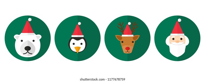 X'mas Faces. Polar bear, penguin, reindeer and santa with red hats. Green circles background. Flat style. 