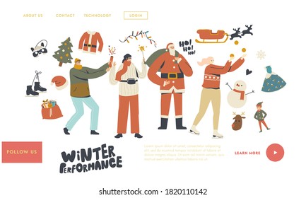 Xmas Family Event. New Year or Christmas Bash Landing Page Template. Happy Characters Celebrating Party Having Fun with Santa Claus and Fireworks, Giving Gifts. Linear People Vector Illustration