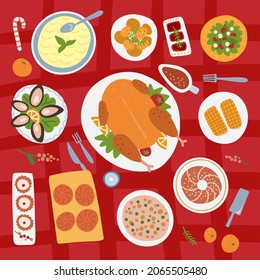 Xmas feast view from above. Traditional Christmas dishes on red tablecloth background. Holiday food on a table. Top view on festive New Year eating. Vector flat hand drawn illustation.