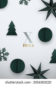 Xmas festive background. Green origami paper balls, stars, snowflakes, christmas tree on white backdrop. Design elements for holiday cards, poster, flyer.