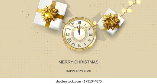 Xmas Festive Poster, greeting cards, banner. New Year horizontal Background with  Christmas decoration. 
