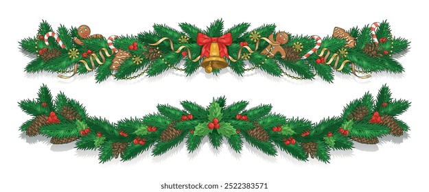 Guirnaldas de abeto de Navidad emblema colorido con Navidades acebo o campana y regalo de los niños dulces y conos de pino Ilustración vectorial