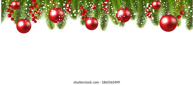 Xmas Fir Tree Border With Holly Berry And Balls With Gradient Mesh, Vector Illustration