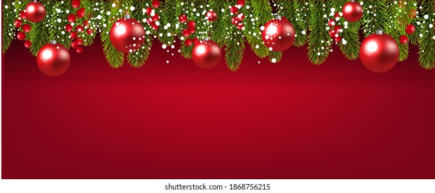 Xmas Fir Tree Border With Holly Berry And Balls Red Background With Gradient Mesh, Vector Illustration