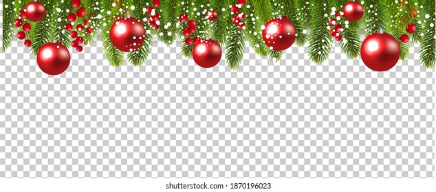 Xmas Fir Tree Border With Holly Berry And Balls Transparent Background With Gradient Mesh, Vector Illustration