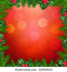 Xmas Fir Tree Border With Holly Berry With Gradient Mesh, Vector Illustration