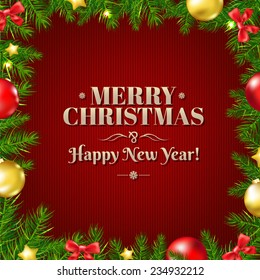 Xmas Fir Tree Border With Red Ribbon With Gradient Mesh, Vector Illustration