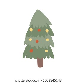 Xmas fir tree isolated icon. Hand drawn childrens christmas tree vector illustration. Cute pine with festive elements, garlands, baubles. Flat design.