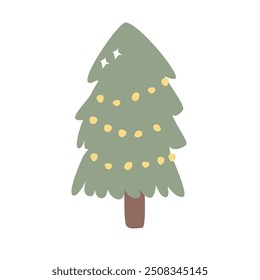 Xmas fir tree isolated icon. Hand drawn childrens christmas tree vector illustration. Cute pine with festive elements, garlands, baubles. Flat design.