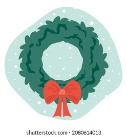 Xmas Fir Tree Wreath With Red Bow. Vector Illustration.