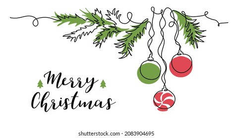 Xmas fir twig with christmas tree toys. One continuous line art drawing for corner design. Vector greeting background, banner, poster in red and green Xmas colors.