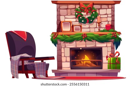 X-mas fireplace and armchair set isolated on white background. Vector cartoon illustration of fire burning in stone chimney decorated with holiday wreath, cozy chair with checkered blanket, gift box