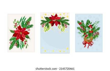 Xmas floral composition with holly berry, poinsettia, fir tree branches and pinde cones. Merry Christmas and Happy New Year Holidays card templates set vector illustration