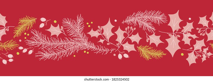 Xmas floral decoration. Christmas tree border with fir branches ornament for seamless pattern for panoramic banner, flyer, poster, greeting card. Decorative repeating ribbon for Winter holiday design.