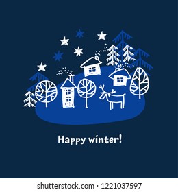 Xmas forest with houses in naive style decorative landscape. Christmas holiday simple hand drawn motif. Winter cute card
