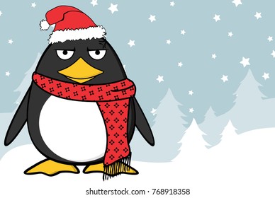 xmas funny penguin cartoon expression santa claus hat background in vector format 