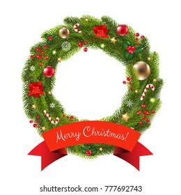 Xmas Fur Tree Wreath With Gradient Mesh, Vector Illustration
