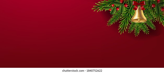 Xmas Garland With Christmas Bell Red Background With Gradient Mesh, Vector Illustration