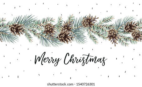 Xmas garland with text Merry Christmas, white background. Green pine, fir twigs, cones. Vector illustration. Nature design. Greeting card, poster template. Winter holidays. Seamless border