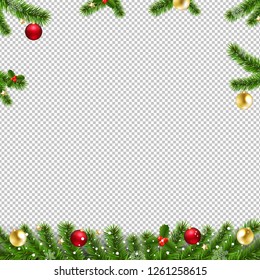 Xmas Garlands With Fir Tree And Christmas Toys Transparent Background With Gradient Mesh, Vector Illustration