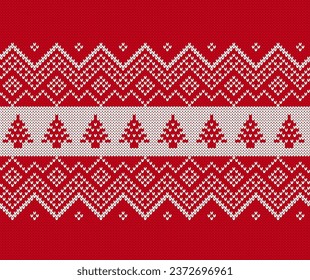 Xmas geometric border with trees ornament. Christmas red seamless pattern. Holiday knit background. Knitted sweater print. Fair isle traditional texture. Vector.