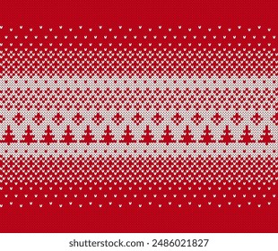 Xmas geometric ornament with trees and snowflakes. Christmas seamless knit background. Holiday red pattern. Knitted sweater print. Fair isle traditional texture. Vector.