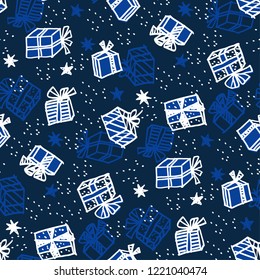 Xmas gift box seamless pattern in naive style. Christmas holiday simple hand drawn motif. Winter cute wrapping paper design.