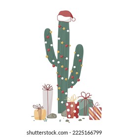 Xmas gift boxes and big cactus decorated with garland and Santa hat. Vector illustration isolated on white. Flat cartoon clipart for cards, posters, prints