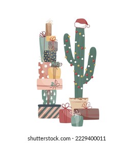 Xmas gift boxes and big potted cactus decorated with garland and Santa hat. Vector illustration isolated on white. Flat cartoon clipart for cards, posters, prints