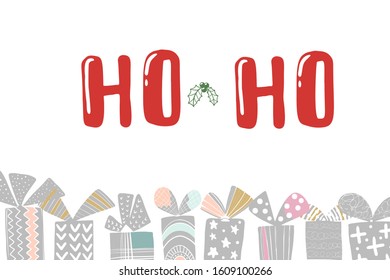 X-mas gift card with text ho ho ho. Hand lettering greeting Christmas Santa laugh. Vector illustration.