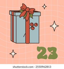 Xmas gift isolated on orange background. Christmas advent calendar design, day 23. Vector groovy style illustration