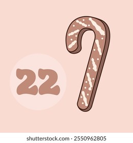 Xmas gingerbread cane isolated on pink background. Christmas advent calendar design, day 22. Vector groovy style illustration