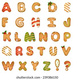 Xmas Gingerbread Cookie Alphabet With Gradient Mesh, Vector Illustration