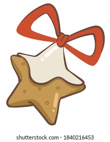 Xmas gingerbread cookie with frosting decorated with ribbon. Candy for Christmas holidays, aromatic dessert for new year, traditional desserts and meal on winter holidays, vector in flat style