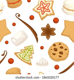 Xmas gingerbread cookies with glaze and frosting on top seamless pattern. Christmas food celebration, traditional sweets. Marshmallow and berries, anise and whipped cream. Vector in flat style