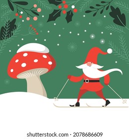  Xmas Gnome ski and big fly agaric mushroom