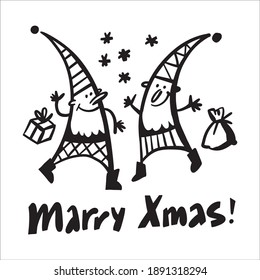 Xmas gnomes or troll silhouette for card, header, invitation, poster, social media, post publication, cut and sublimation print. Christmas greetings element 