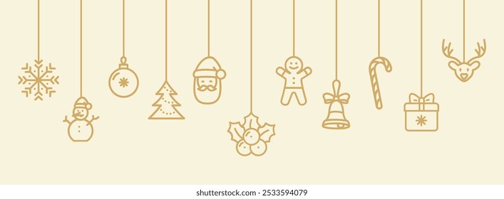 Xmas Gold Garland Thin Line Set Merry Christmas and Happy New Year Concept. Vector illustration of Traditional Decor