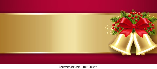 Xmas Golden Banner With Bells And Holly Berry Red Background With Gradient Mesh, Vector Illustration