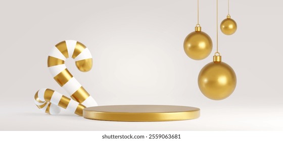 Xmas golden podium display with metallic platform, white striped candy canes and hanging Christmas baubles. Luxury minimalist festive scene setup on beige background for premium holiday presentation.