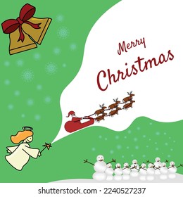 xmas green greeting card Merry christmas 2022 with snowflake a lot of snowman flying santa claus and a little angel christmes vibes